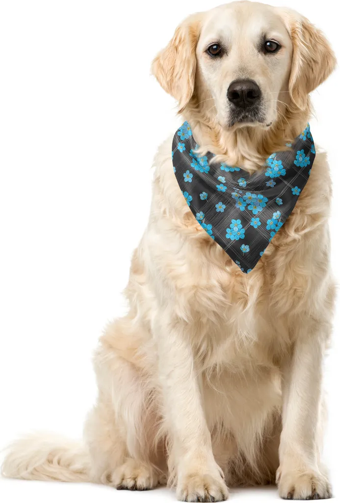 ABAKUHAUS Bandana per animali domestici con motivo floreale, fiori blu su griglia, 55x55 cm, grigio antracite e giallo