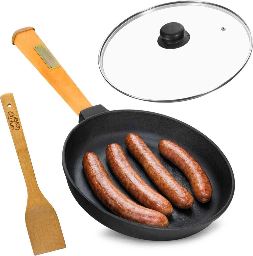 Ø22cm Pfanne aus Gusseisen mit Holzgriff Glasdeckel abschraubbar 43mm hoch Gusseisenpfanne Bratpfanne Steakpfannen Cast Iron Pan Feuerpfanne alle ...
