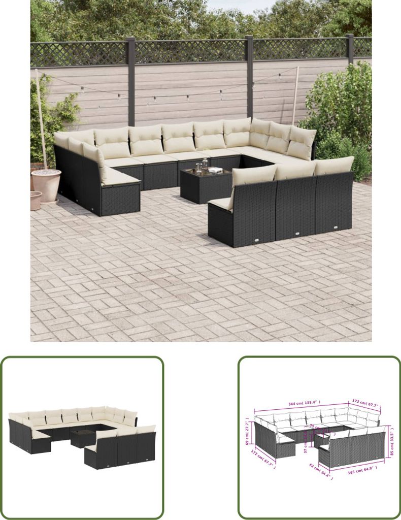 The Living Store 14-tlg. Garten-Sofagarnitur mit Kissen Schwarz Poly Rattan