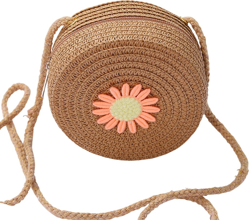 Umhängetasche für Kinder, Stroh, gewebtes Blumendekor, Umhängetasche im Pastoralstil, Reißverschluss, verstellbarer Riemen, Schultertasche für...