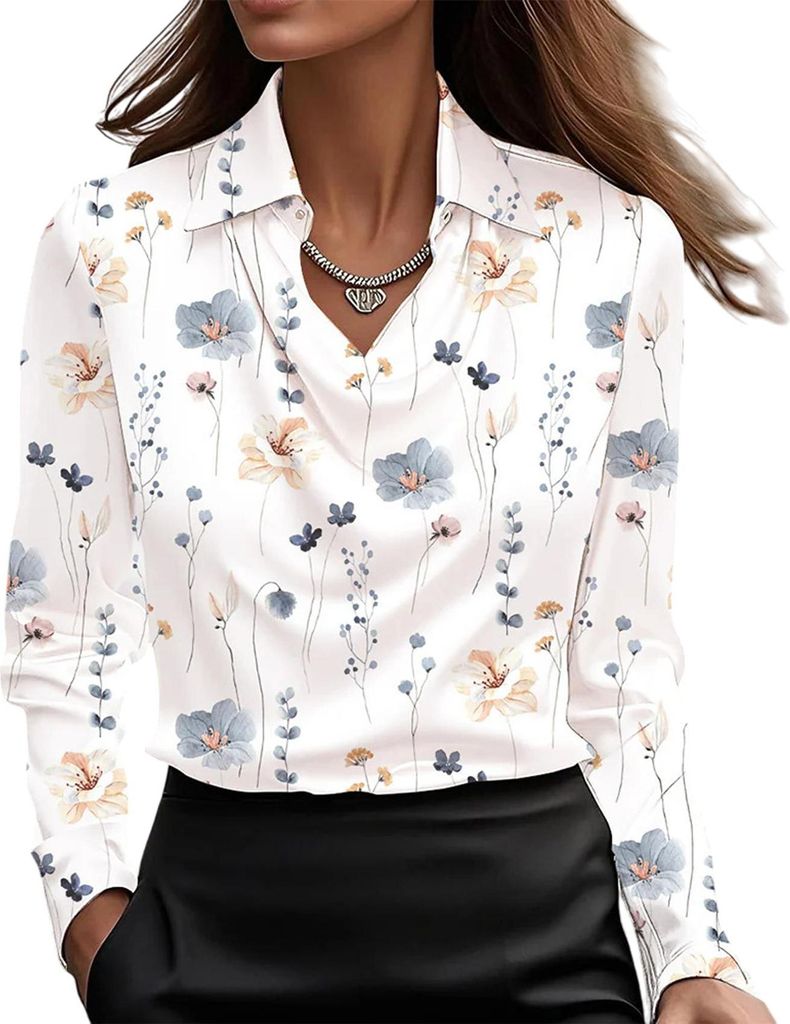 ASKSA Damen Satin Bluse Wasserfallkragen Elegante Oberteile Langarm Seide Hemdbluse Arbeitshemd Business Langarmshirt (Weisse Blume,XL)