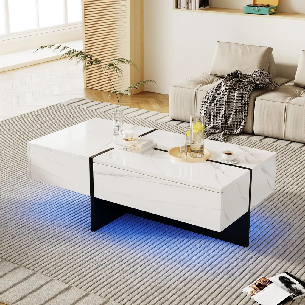 Table Basse LED Multicolore avec Tiroirs Pratiques - Design Blanc MDF - 2
