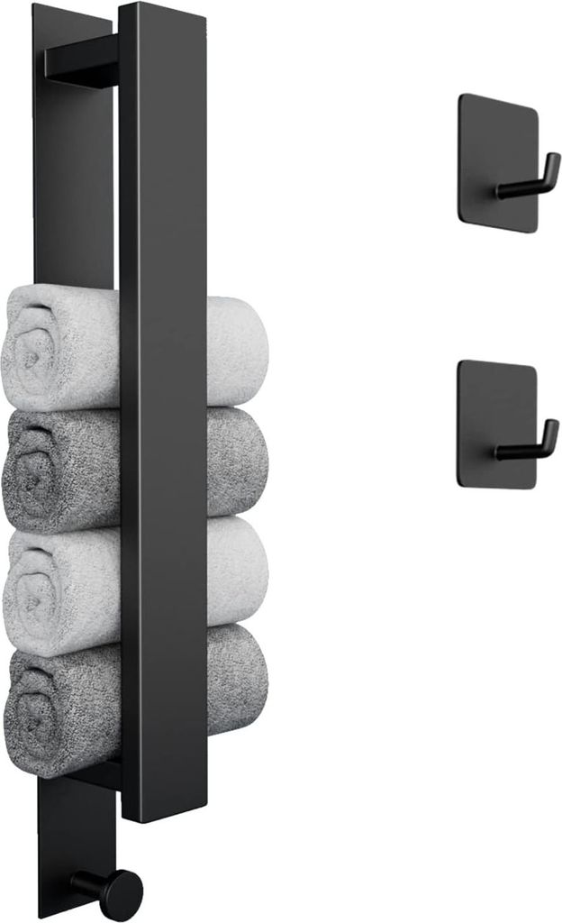 Selbstklebender Handtuchhalter ohne Bohren - Gästehandtuchhalter für die Wand mit 2 Haken - Badezimmer und Küche - 40 cm - matt schwarz