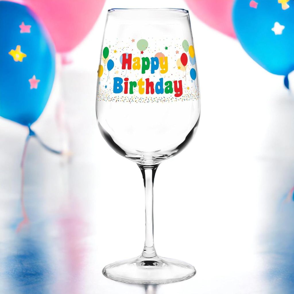 Frohes Happy Birthday Weinglas XL - Bunt Lustiges Geschenk - ca. 500 ml - Pure Lebensfreude - Luxus und Blickfang auf Festen.