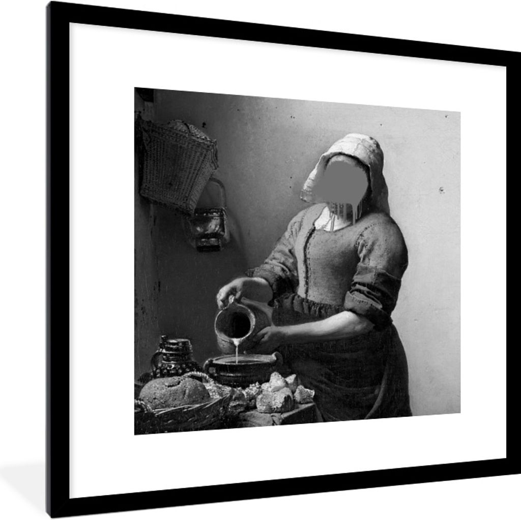 MuchoWow Gerahmtes Poster Das Milchmädchen - Johannes Vermeer - Schwarz und weiß 40x40 cm - Poster mit Schwarzem Bilderrahmen Wandposter Rahmen...