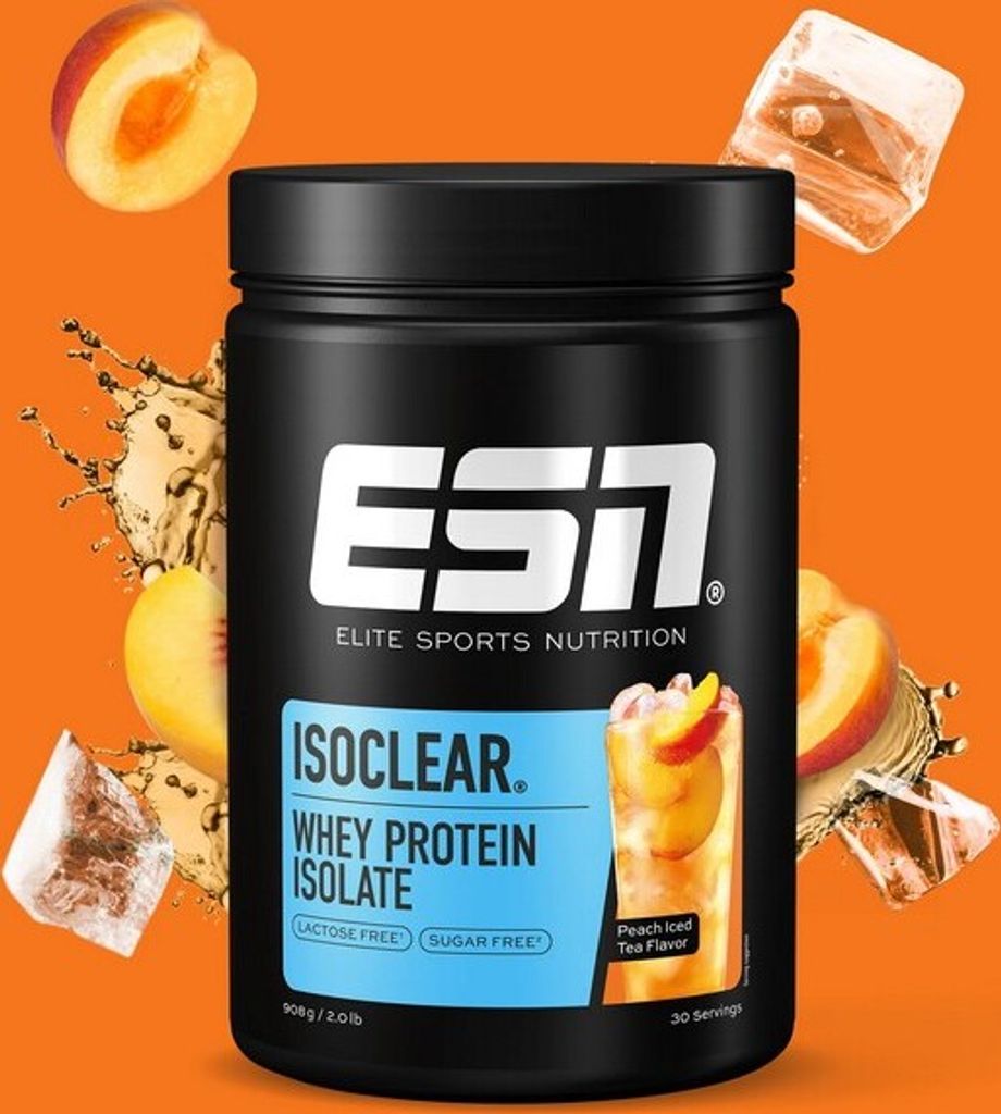 A product shot of a protein powder container with surrounding elements like peaches, ice cubes, and liquid splashes.