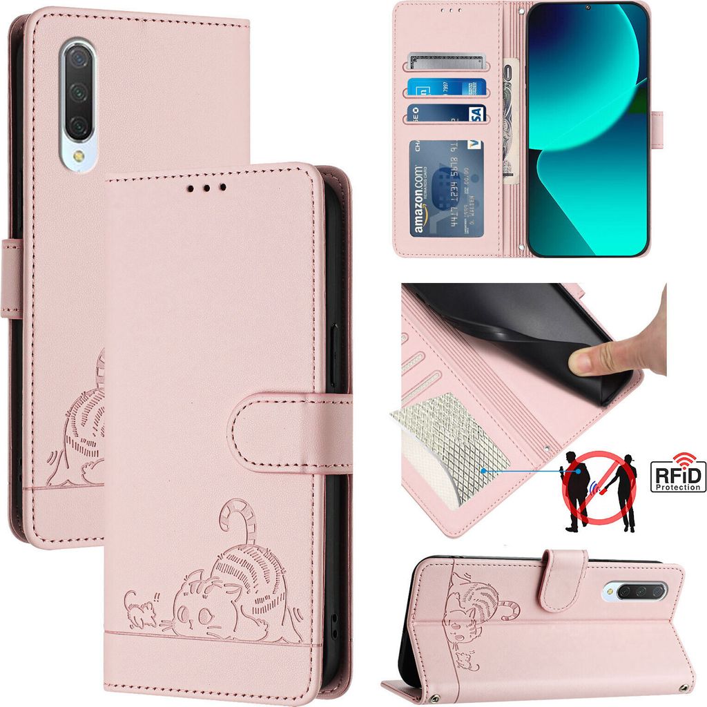 Leder Hülle für Xiaomi CC9/Mi 9 Lite Süße Katze Flip Case Brieftasche Schutzhülle mit Standfunktion Pink