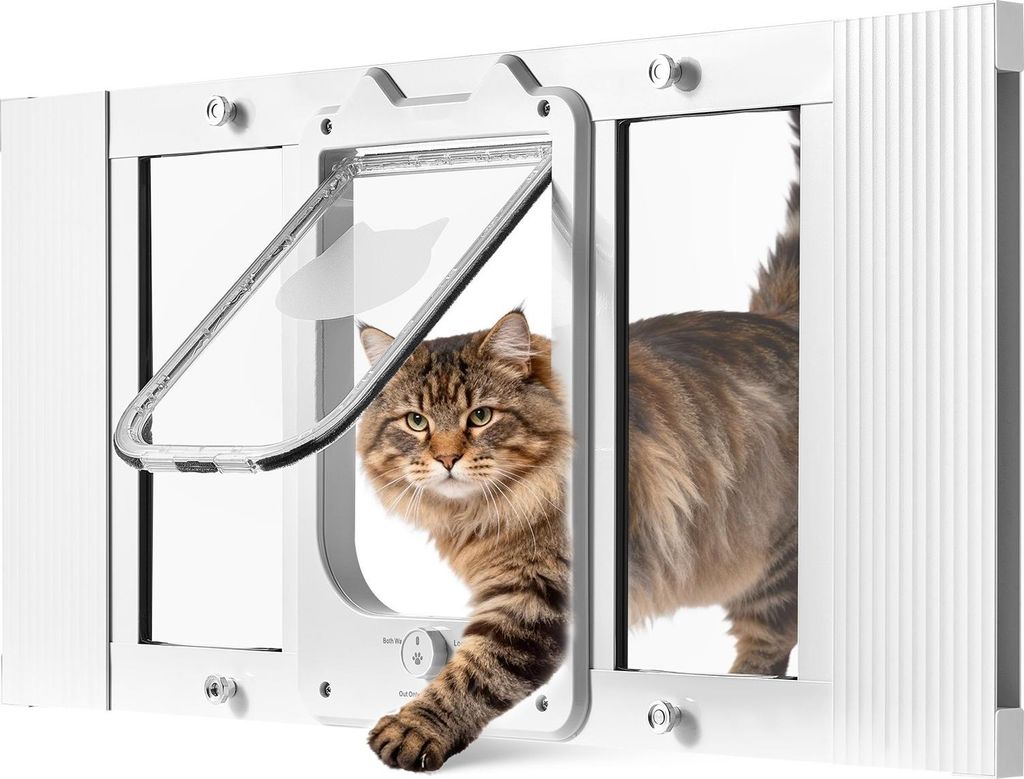 Katzenklappe / Katzentür - Für Fenster - Verstellbar 68,6–81,3 cm - 4-Wege-Verriegelung - Wetterfest - Aluminiumrahmen - Transparente Scheibe -...