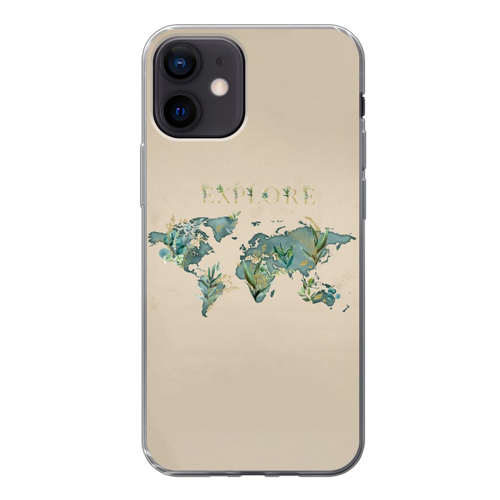 MuchoWow Handyhülle Schutzhülle Hülle für iPhone 12 Weltkarte - Pflanzen - Wasser Silikon Softcase Handy Hülle - Schutzhülle