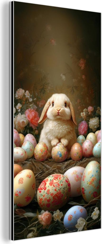 MuchoWow Wanddekoration Metall Metallbild Wandkunst 20x40 cm Kaninchen - Ostereier - Stilleben MuchoWow Aluminium Gemälde - Aluminium Gemäldes