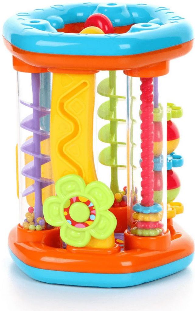 A colorful baby toy with various spinning and rolling elements inside clear tubes.