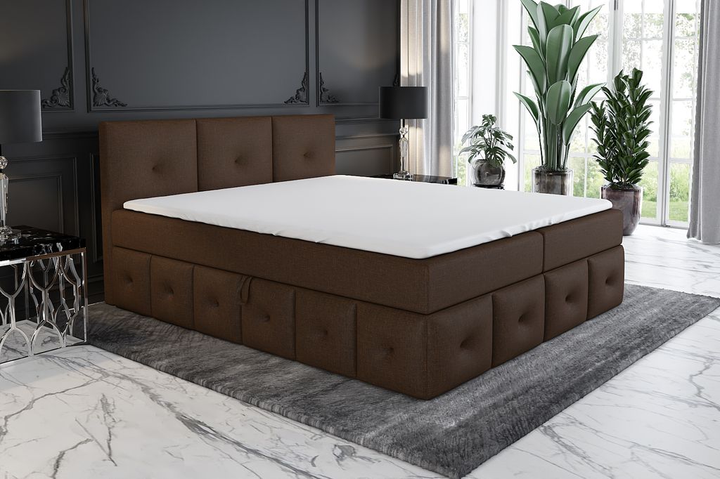 Boxspringbett BOLLI 140 x 200 mit 2 Bettkästen, Bonell-Matratze und Topper. Farbe: Braun