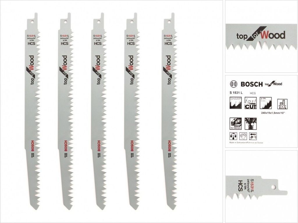 A set of five Bosch reciprocating saw blades for wood cutting, displayed alongside packaging information.