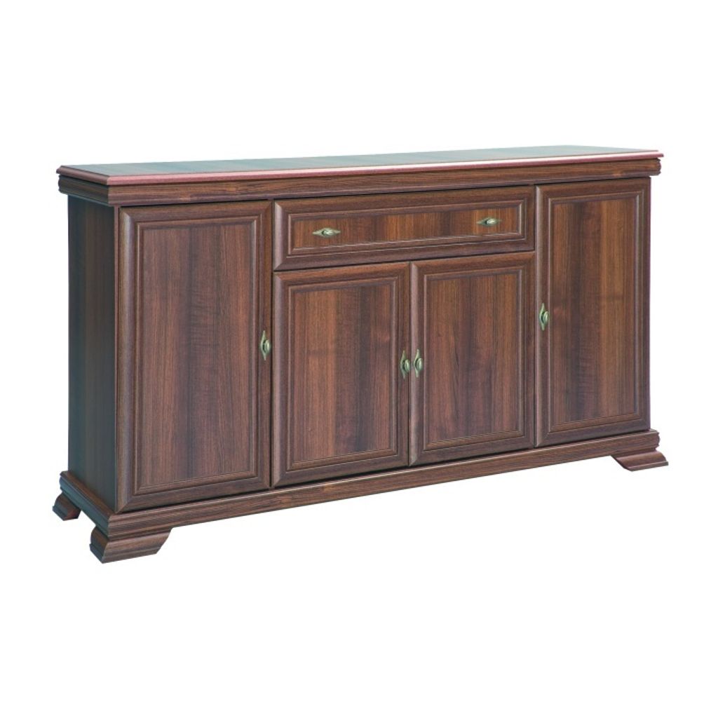 A dark brown wooden sideboard with four doors and a single drawer.