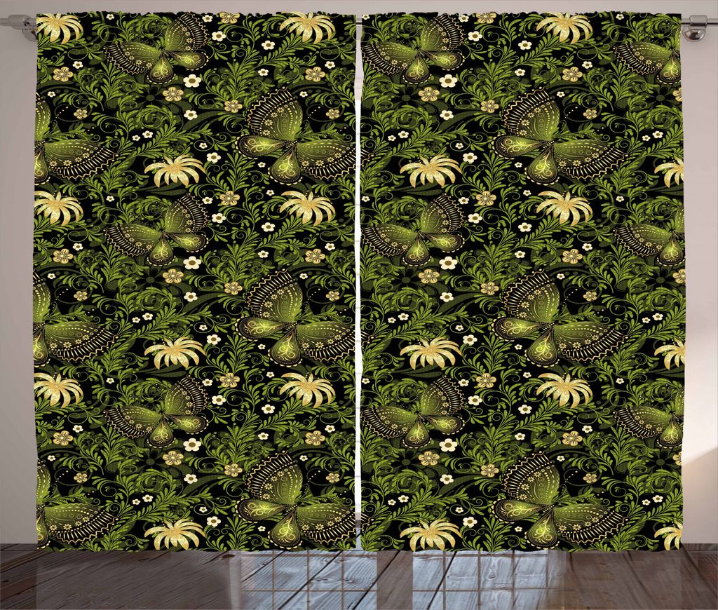 ABAKUHAUS Salbei Rustikaler Vorhang, Frühlings-Schmetterlinge Verziert, Wohnzimmer Universalband Gardinen mit Schlaufen und Haken, 280 x 245 cm, S...