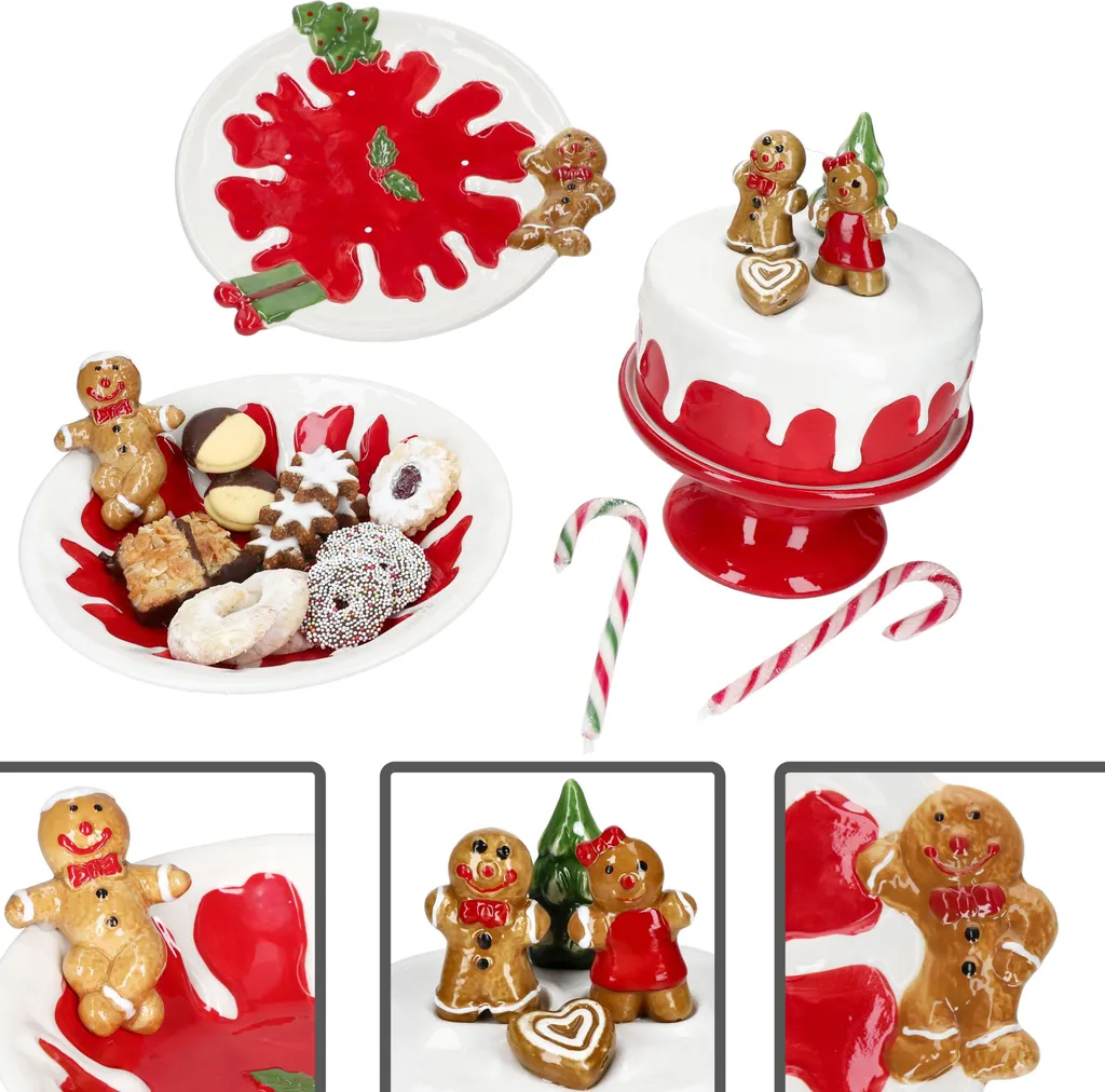 set di 3 pezzi piatto Stella di Natale, ciotola, piatto per torta, gres rosso