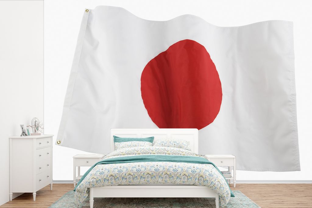MuchoWow Fototapete für Wohnzimmer oder Schlafzimmer Wandtapete Vinyl Motivtapete Die Flagge von Japan auf weißem Hintergrund - 330x220 cm - Fo...