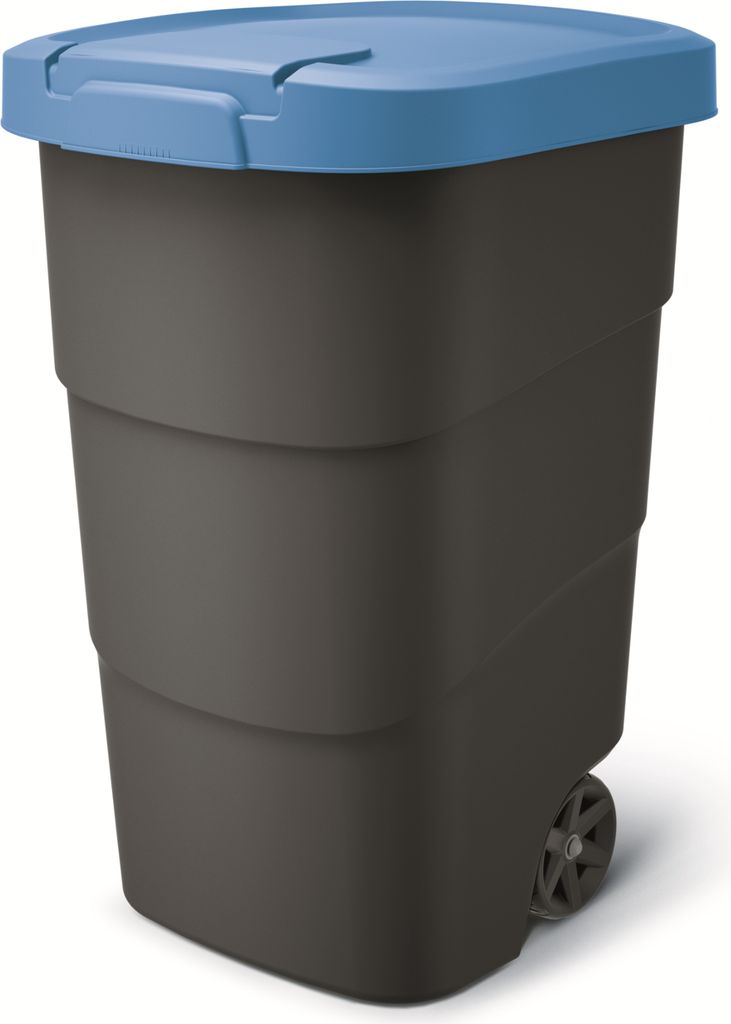 A dark gray trash can with a blue lid and wheels, shown from a slightly angled front view against a white background.