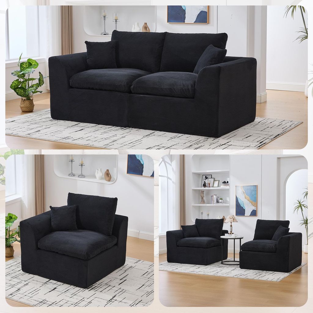 Modulares Sofa, Ecksofa, 2-Sitzer Sofa, Modernes minimalistisches Stoffsofa Zweisitzer-Wohnzimmersofa Sesselcouch Corduroy Couch Freizeitsofa, schwarz