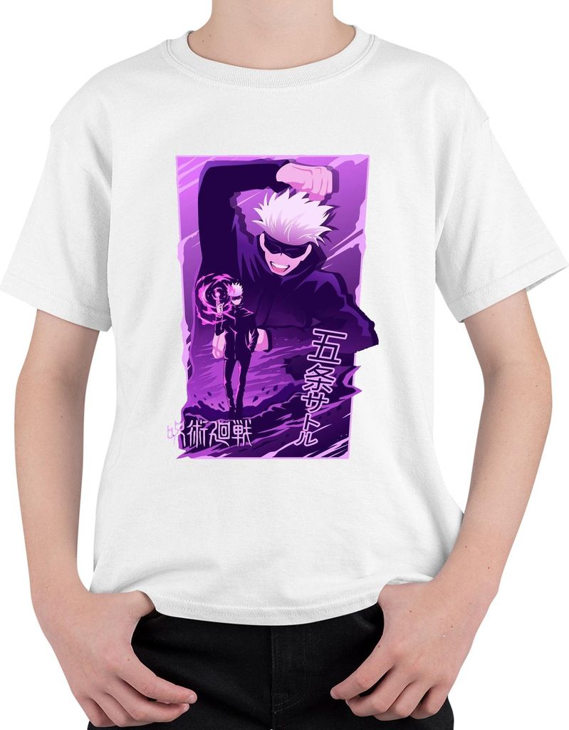 Gojo Satoru Jujutsu Kaisen weißes Haar Anime Ästhetik Geschenk Uni Kinder T-Shirt, Weiß, 140