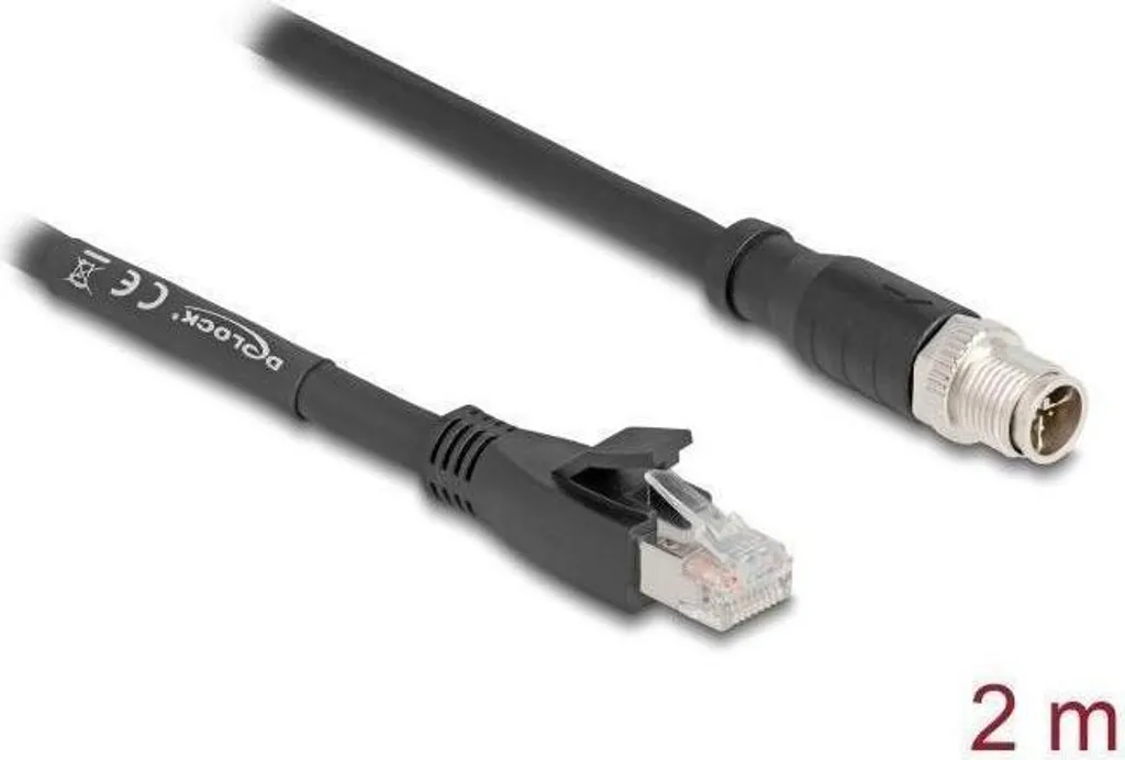 Delock M12 Kabel X-kodiert 8 Pin Stecker zu RJ45 Stecker Cat.5e S/FTP flexibel 2 m schwarz (80579)