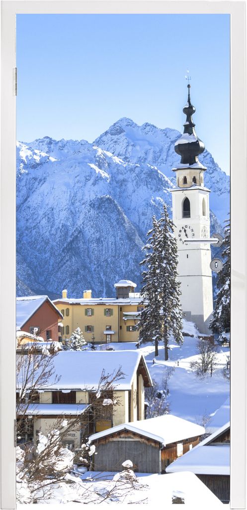MuchoWow Türtapete Selbstklebende Türfolie Schnee in einem Bergdorf in der Schweiz 85x215 cm Türposter Türaufkleber Klebefolie Türklebefolie...