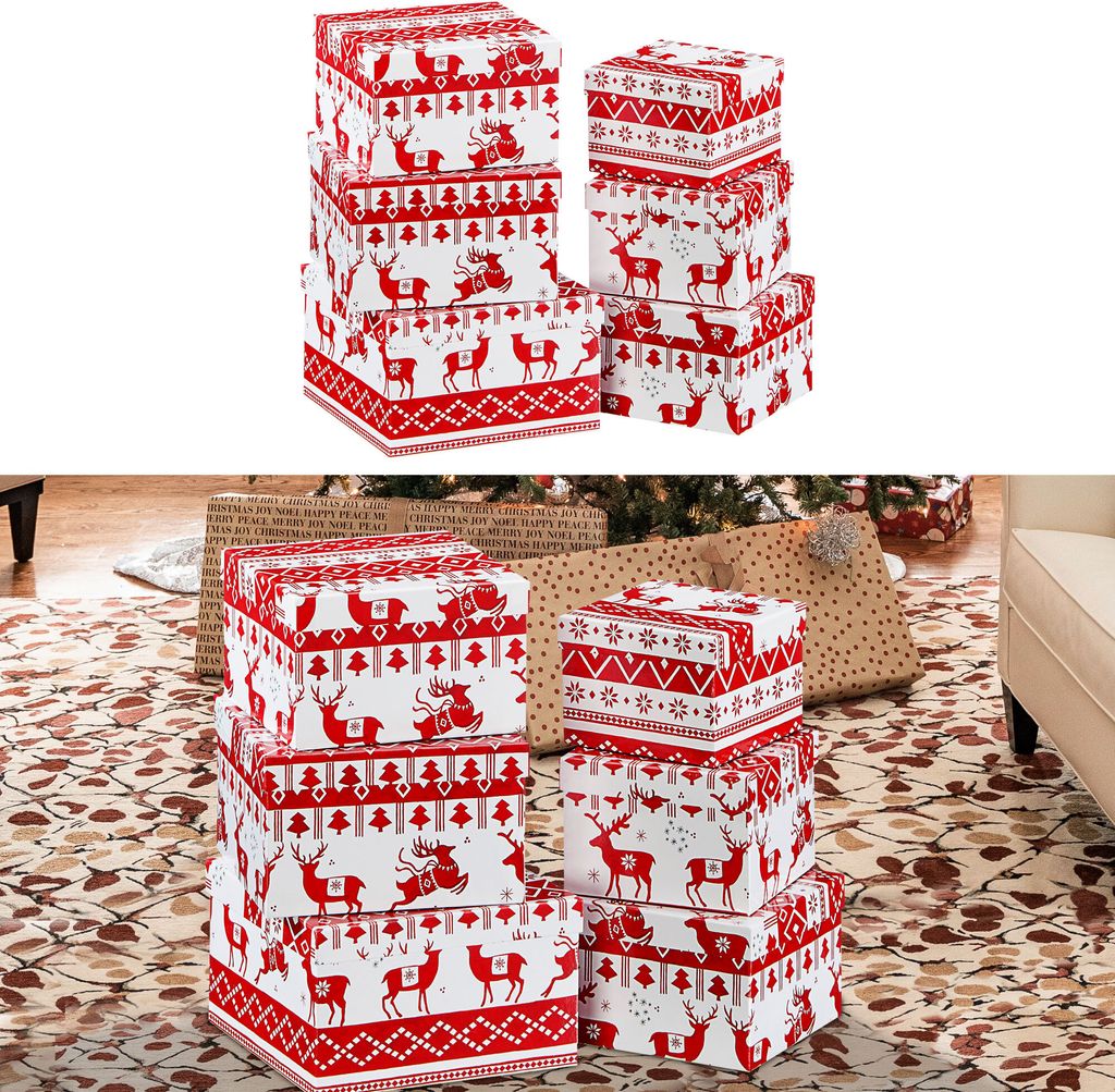 Boxenset 6tlg "Reindeer" weiß/rot Weihnachtsgeschenke Geschenkboxen Tannenbaum Rentier Schachteln Boxen Verpackung