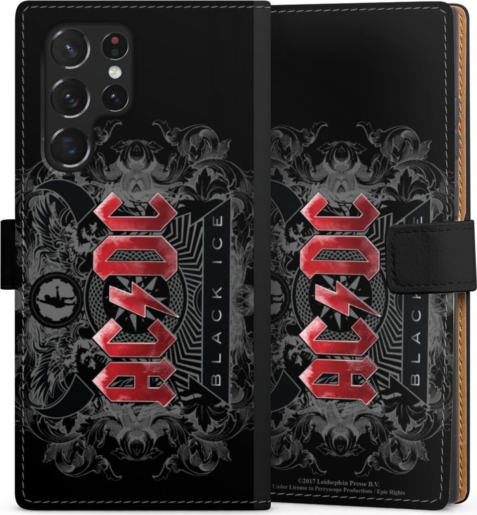 DeinDesign Klapphülle für Samsung Galaxy S22 Ultra Handytasche Lederhülle Tasche ACDC Black Ice Fanartikel