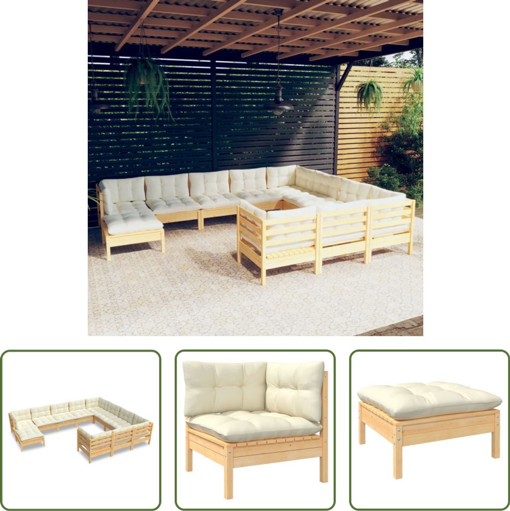 The Living Store 11-tlg. Garten-Lounge-Set mit Creme Kissen Kiefernholz