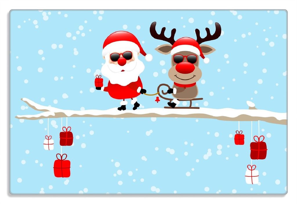 Wallario Frühstücksbrettchen aus Glas 20 x 30 cm mit rutschfesten Füßen, Motiv Cooler Weihnachtsmann mit Rentier auf einem Ast