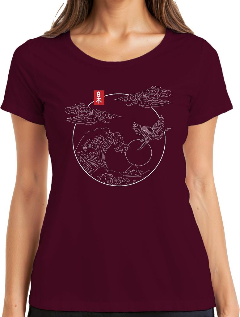 Japanische Welle Kranich Fuji Sonne Wolken Kreis Linienkunst Damen T-Shirt, Burgundy, M