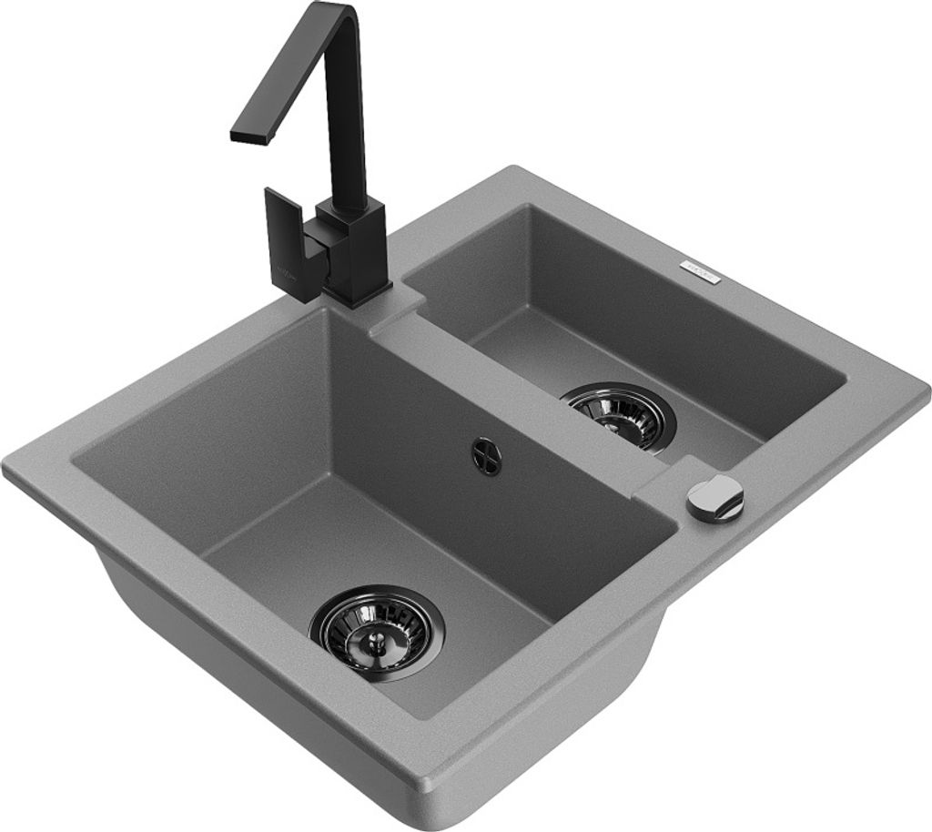 Mexen Carlos 1,5-Becken-Granitspüle mit Mischbatterie Rita, Grau - 6518-71-670300-70-B