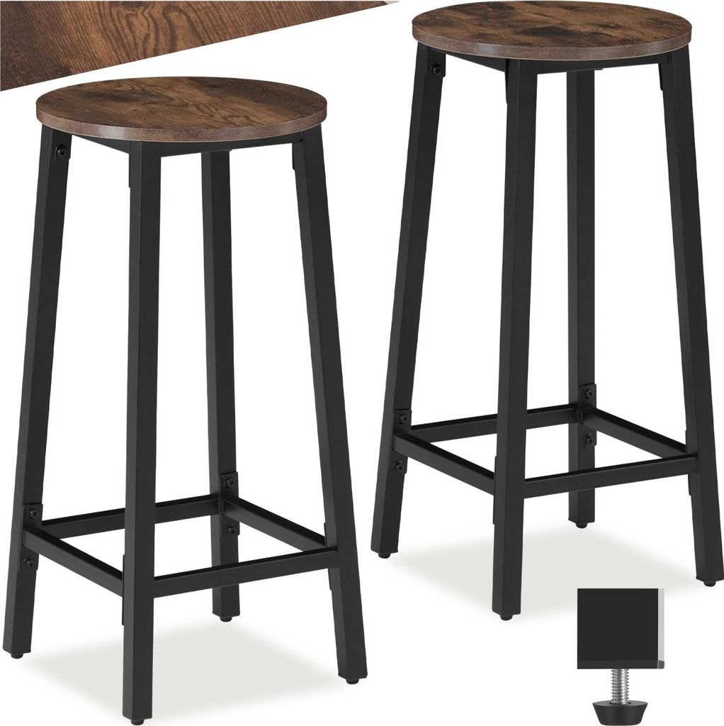 Two bar stools with wooden seats and black metal frames are shown against a white background.