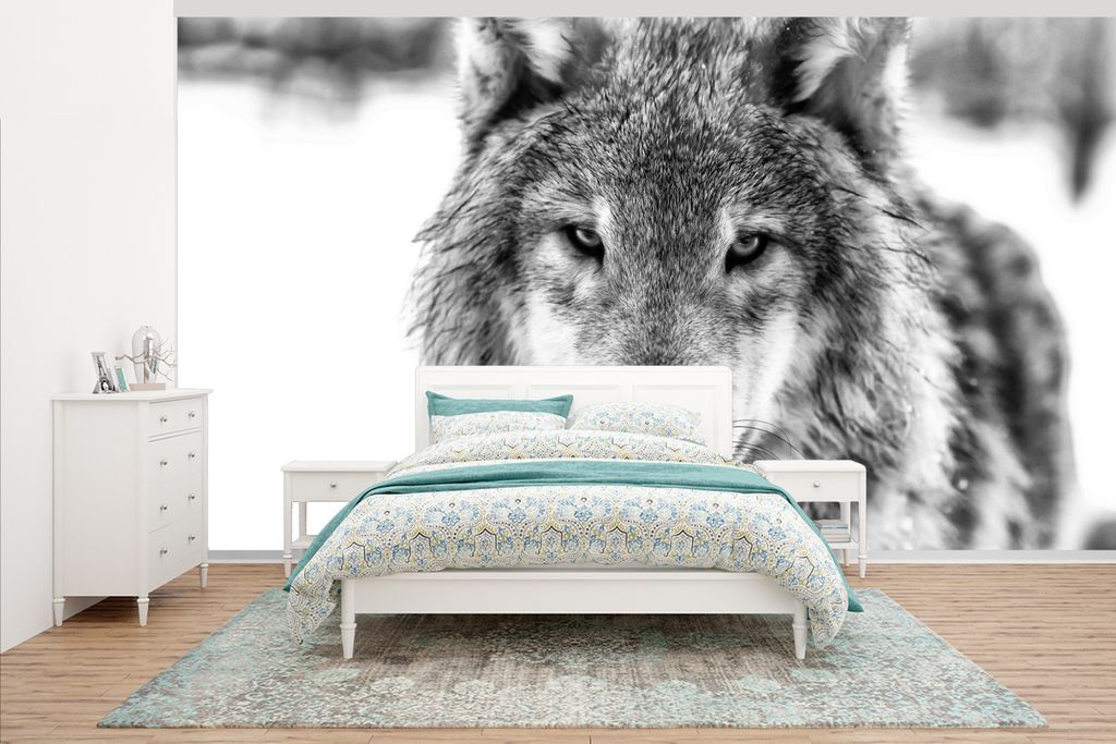 MuchoWow Fototapete für Wohnzimmer oder Schlafzimmer Wandtapete Vinyl Motivtapete Tierprofil Wolf in schwarz und weiß - 535x300 cm - Wanddekora...