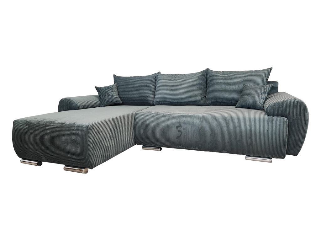 DMSM Ecksofa mit Schlaffunktion, Graphit Cord, Modern, 276x183x85 cm, Wellenfedern, PUR-Schaum T-30, Bettkasten, 5 Kissen, für Wohnzimmer, Links
