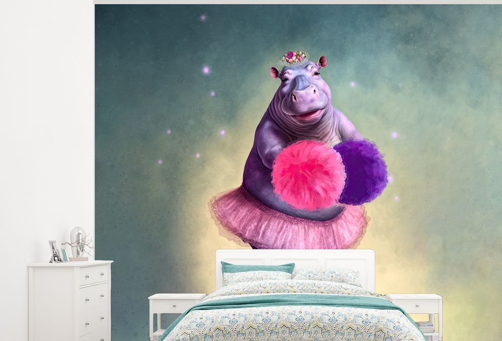 MuchoWow Fototapete für Wohnzimmer oder Schlafzimmer Wandtapete Vinyl Motivtapete Nilpferd - Blumen - Ballerina - Pompons - Porträt - Kinder - ...
