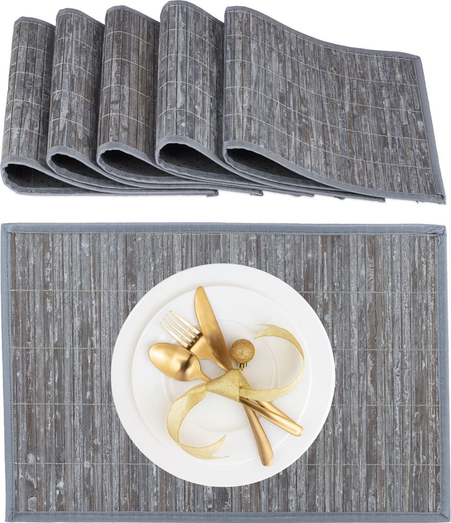 Relaxdays Tischset, 6er Set, Bambus, Stoffrand, rutschhemmend, 45 x 30 cm, Teller, Esstisch, eckiges Platzset, grau