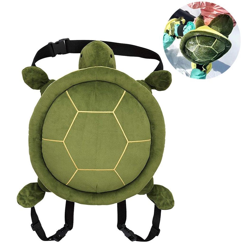 A green turtle-shaped hip protector cushion with straps.