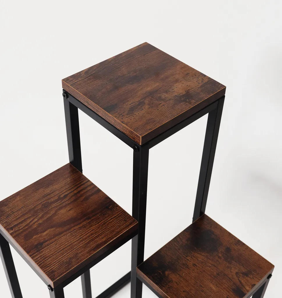 Présentoir fleurs métal et chêne antique style rustique avec 4 socles