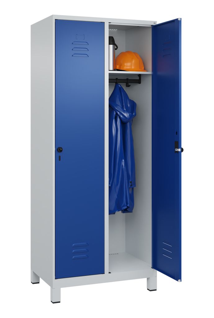 Garderobenschrank, BxTxH 800x500x1950 mm, 2 Abteile, B 400 mm, Füße, Drehriegel, RAL 7035/5010