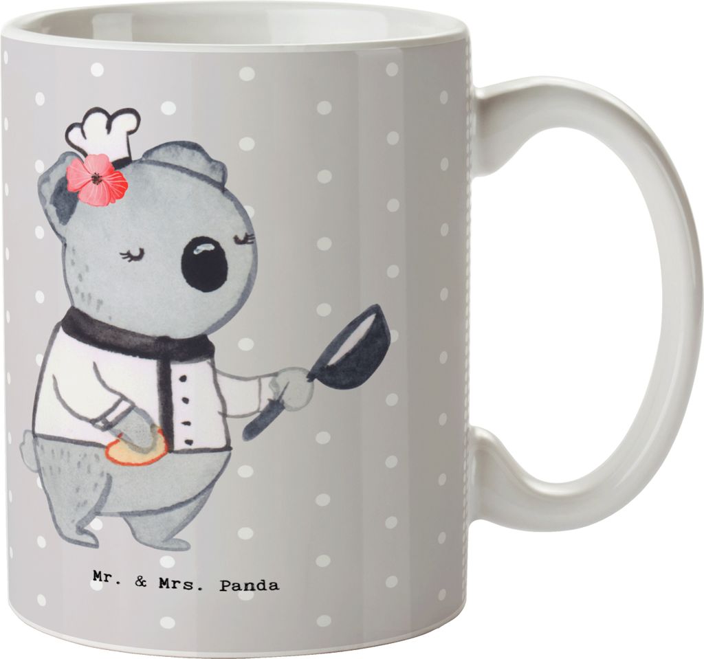 Mr. & Mrs. Panda Teetasse Beiköchin Herz - Grau Pastell - Geschenk, Gastronomie, Frühstück, Restaurant, Kaffeebecher, Live Cooking, Abendessen, ...