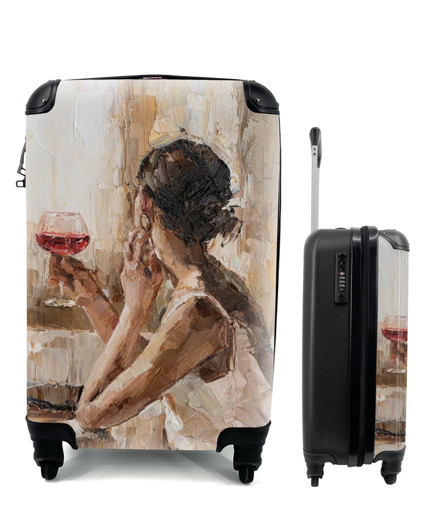 MuchoWow Koffer Handgepäck Trolley Rollkoffer Kleine Reisekoffer mit 4 Rollen - Gemälde - Frau - Wein - Öl - Cabin Size < 55x40x23 cm & 55x40x...