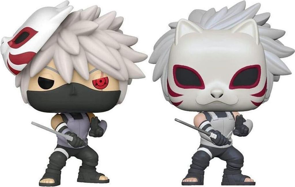 Two Funko Pop! figures of the character Kakashi from Naruto Shippuden, both wearing masks and holding weapons.