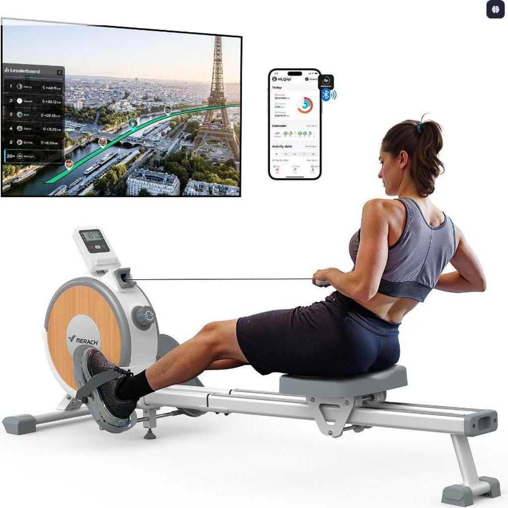 MERACH Leise Rudergerät für Zuhause – 16 Stufen Magnetisch Widerstand, Doppelschienen, App-Steuerung & Tablet-Halter, vertikal klappbar bis 158 kg