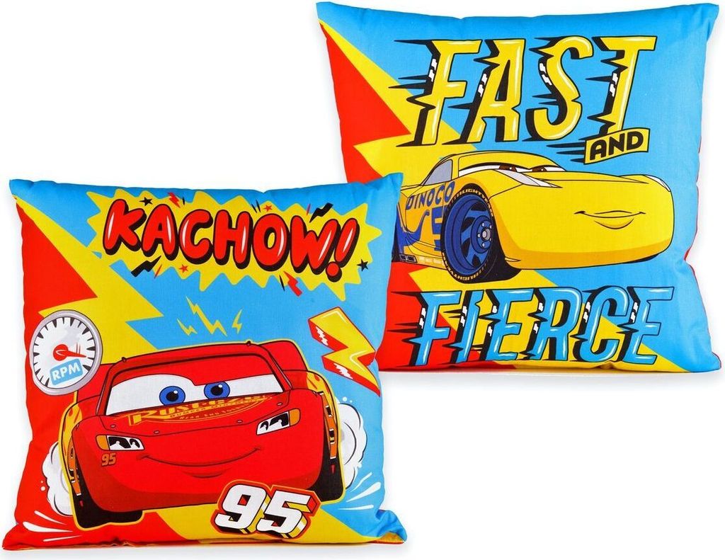 JACK Renforcé Kissen 40x40cm inkl. Füllung Dekokissen Cars Cachow Fast and Fierce Rennauto Disney Blau Rot Gelb
