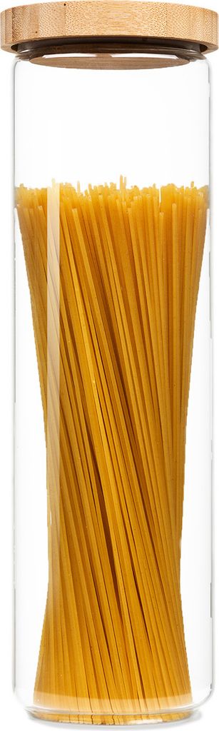 A tall, clear glass jar filled with spaghetti and topped with a wooden lid.