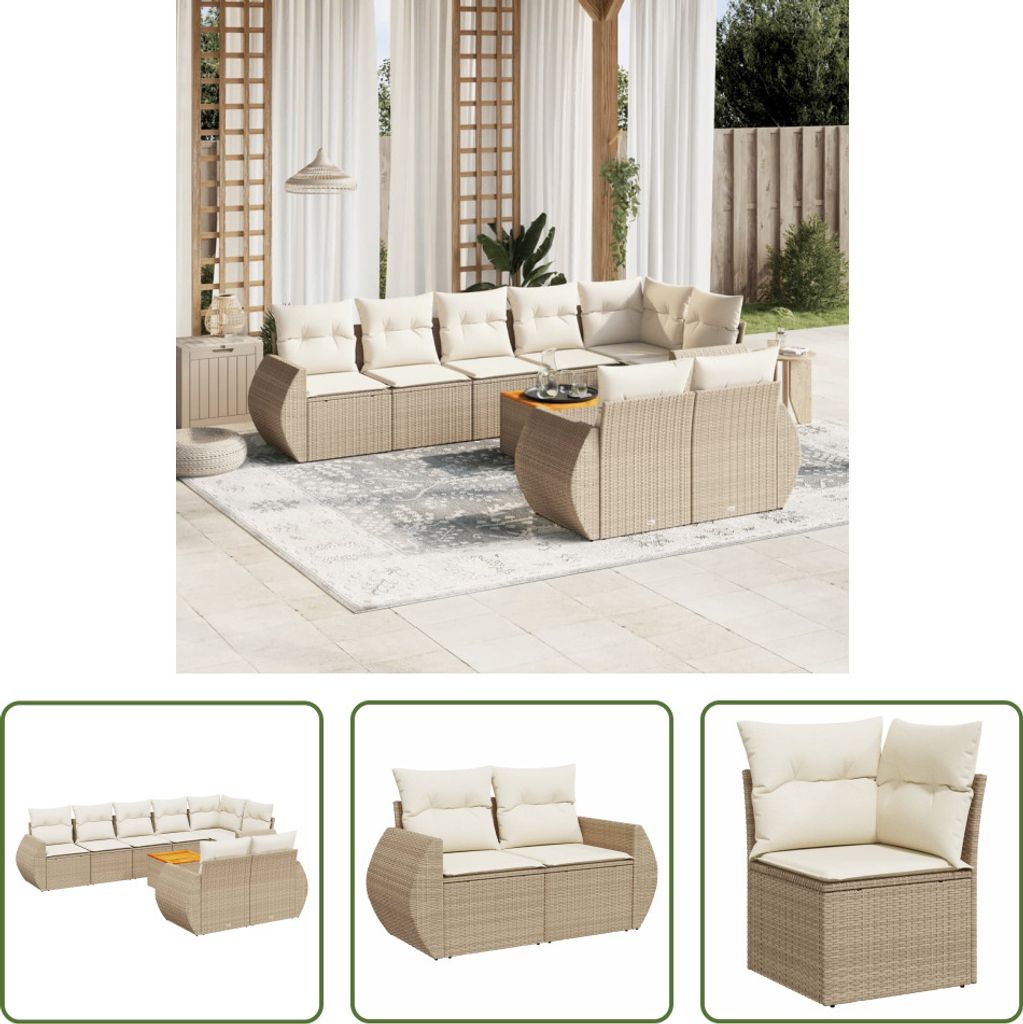 The Living Store 9-tlg. Garten-Sofagarnitur mit Kissen Beige Poly Rattan