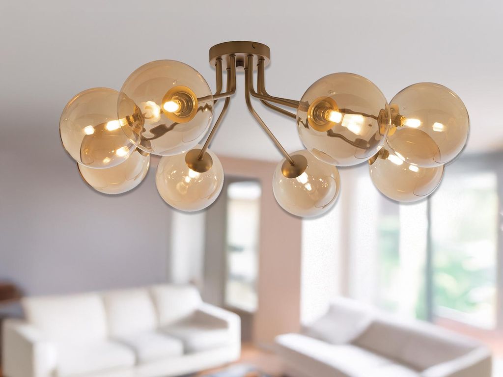 LED Deckenlampe mehrflammig Gold Glaskugeln in Bernstein Wohnzimmerlampe Decke