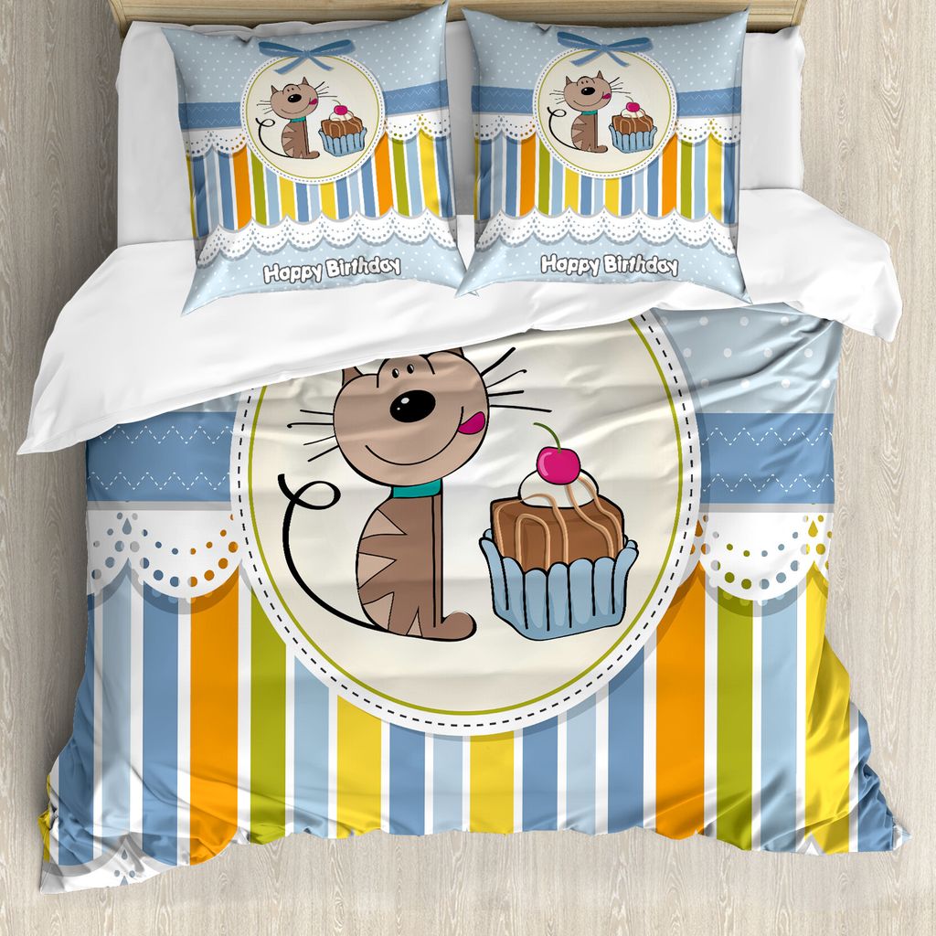 ABAKUHAUS Geburtstagsfeier Bettbezug, Baby-Katze mit Kuchen, Milbensicher Allergiker geeignet mit Kissenbezügen, 200 cm x 200 cm - 80 x 80 cm, Bab...