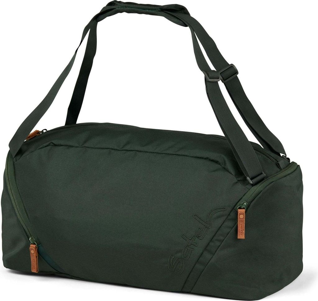 A dark green duffel bag with brown leather accents and adjustable straps is shown against a white background.